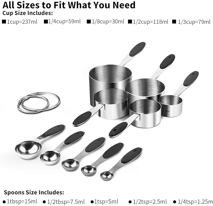 U-Taste 18/8 Stainless Steel Measuring Cups and Spoons Set of 10 and 12.6in Stainless Steel Danish Dough Whisk (Black)