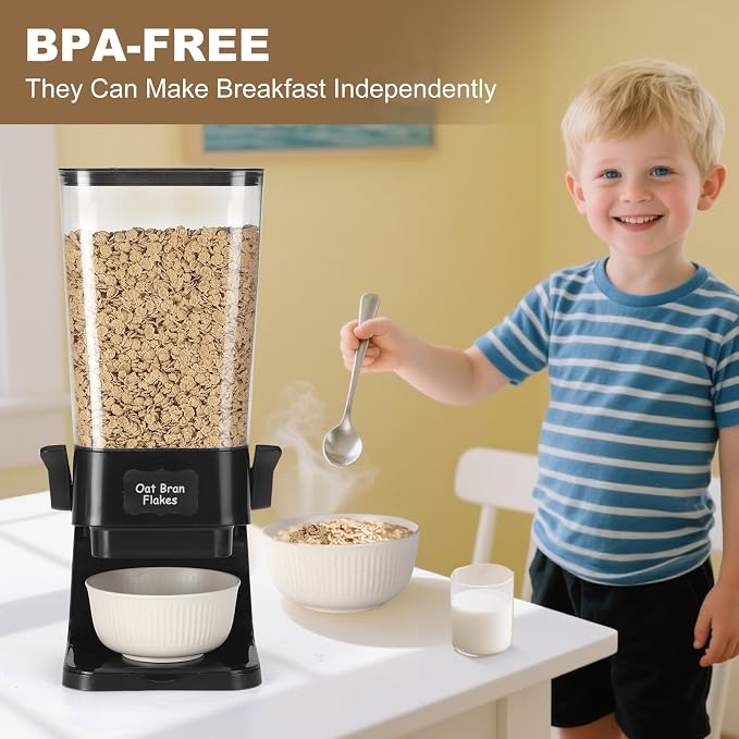 Cereal Dispenser Countertop with Cereal Bowls,16 Labels & Pen, Cereal Containers Storage, Candy Dispenser, Dry Food Dispenser For Pantry - Not Easy to Crush Food (Black, 2 Pack)