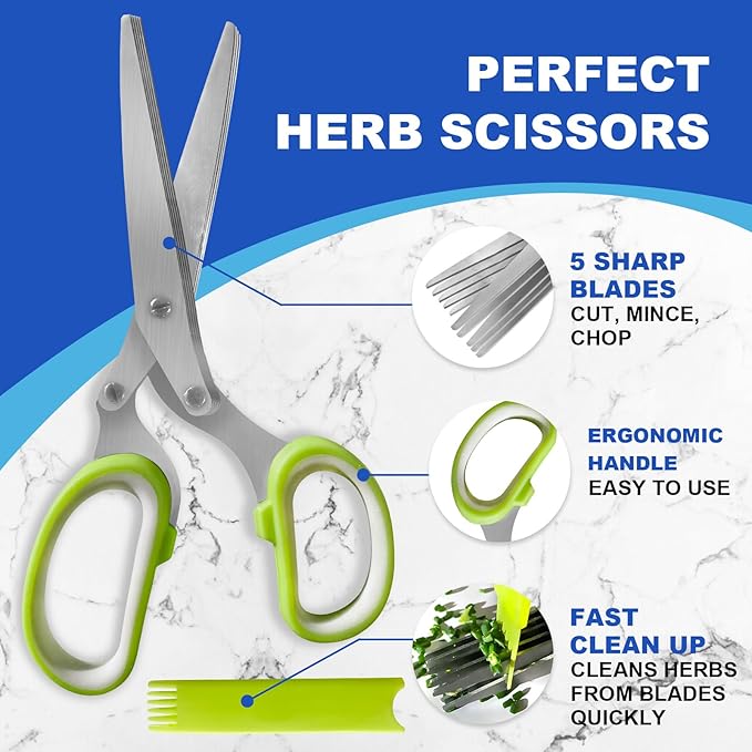 Herb Scissors, Shallot Scissors, Multipurpose 5 Blade Kitchen Herb Shears, Herb Cutter with Safety Cover and Cleaning Comb for Chopping Shallot Basil Chive Parsley