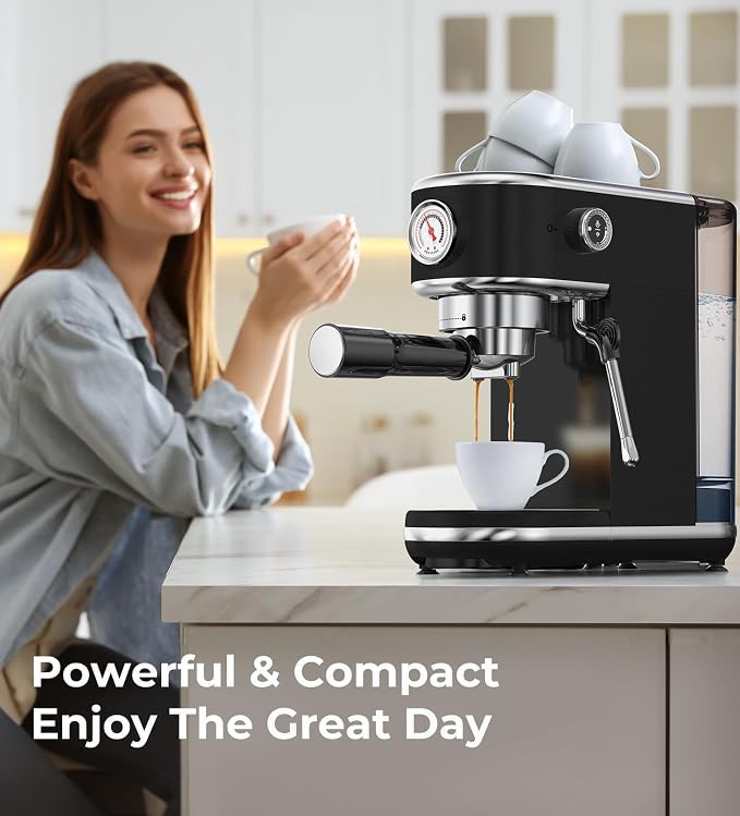 Atatix 20 Bar Espresso Machine with Milk Frother, Professional Compact Espresso Maker, Stainless Steel Coffee Machine with Precise Temp Control & 44oz Removable Water Tank for Latte, Cappuccino, Black
