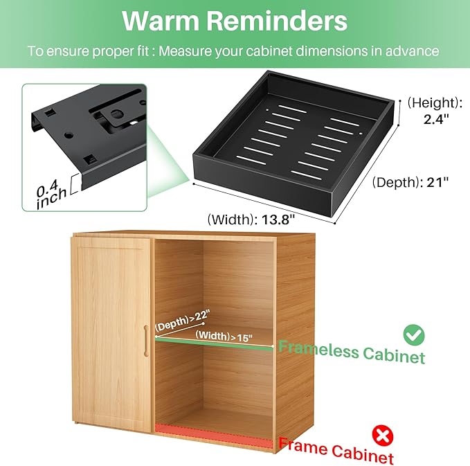 Kitstorack 2Pack Pull out Cabinet Organizer, 21" Deep, Heavy Duty Full-extension Slide out Drawers for Kitchen Cabinet, Roll out Shelf Storage with Nano Adhesive for Pots, Bathroom, Pantry,Home,Black