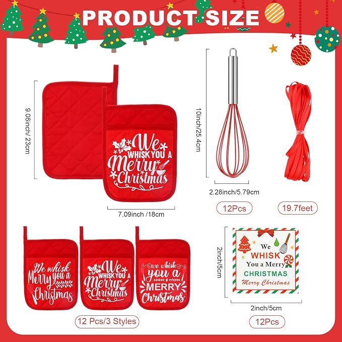 LemonRoad 12 Sets Christmas Whisk Baking Gift Set Xmas Silicone Whisks Oven Mitt Pot Holder Greeting Cards Ribbon Bags for Holiday Kitchen Utensils Cooking Supplies Neighbor Gift(Classic,Red)