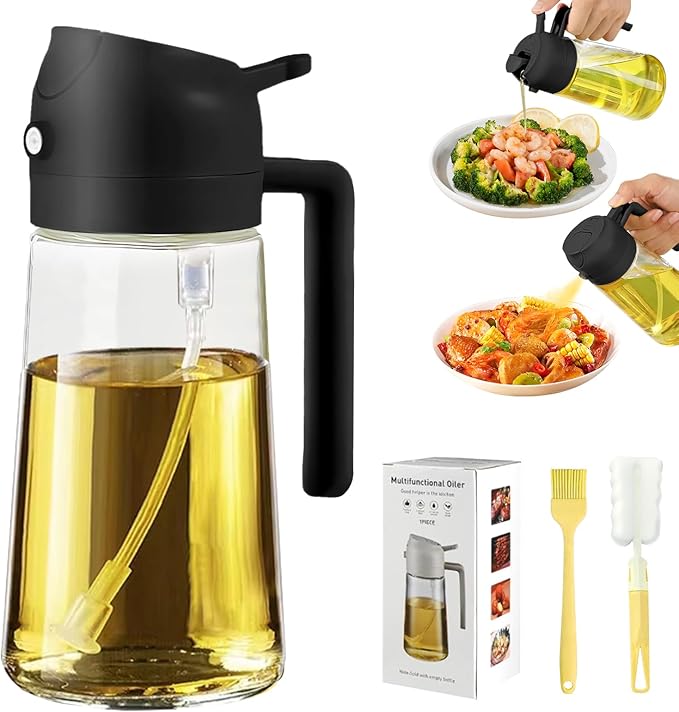 PLAPITATE Oil Dispenser for Kitchen, 2 in 1 Olive Oil Sprayer, Olive Oil Dispenser Spray Bottle with Brush, Oil Sprayer for Cooking for Air Fryer, Barbecue, Salad 16oz/470ml (Black)