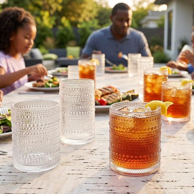 Khen Plastic Hobnail Drinking Glasses Set of 12 Clear Color Cups 6x 10oz Lowball & 6x 1oz Highball Acrylic Beaded Design, BPA-Free, Dishwasher Safe Indoor/Outdoor Drinkware Water, Juice, Cocktails