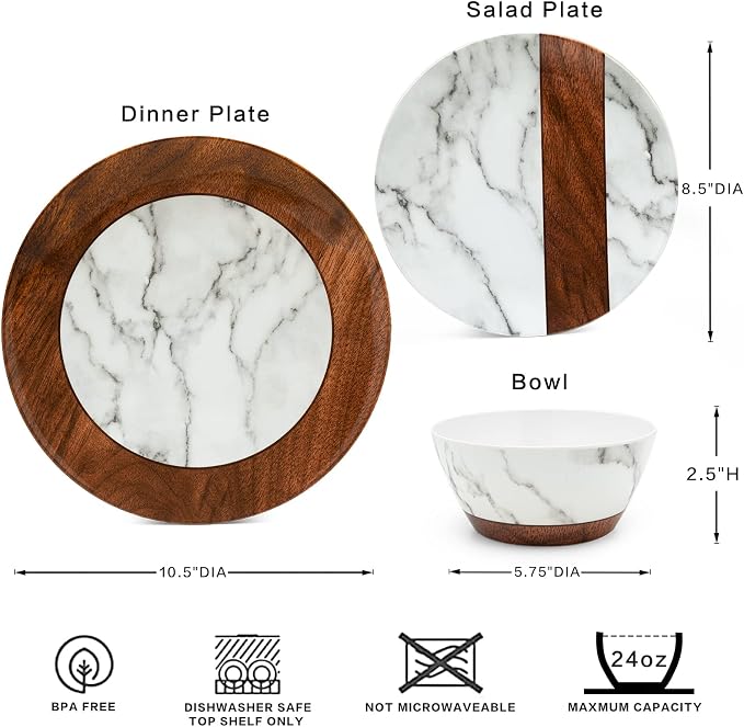LEHAHA Rustic Modern Melamine Dinnerware Sets, Marble 12-Piece Lightweight Outdoor Plates and Bowls Sets, Unbreakable Wood Patterns Dishes Dinnerware Set, Service for 4…