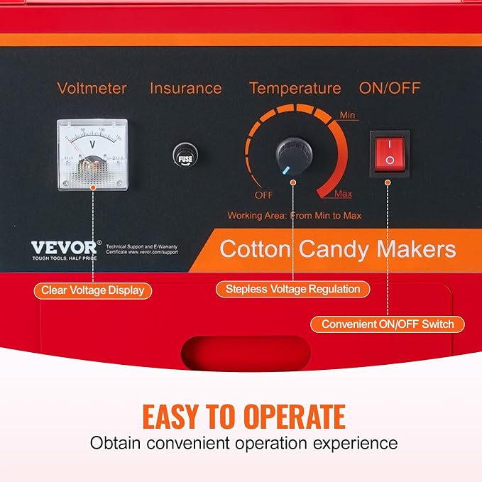 VEVOR Electric Cotton Candy Machine Cart with Cover, Commercial Floss Maker w/Stainless Steel Bowl, Sugar Scoop and Drawer, Perfect for Home, Carnival, Kids Birthday, Family Party, Red