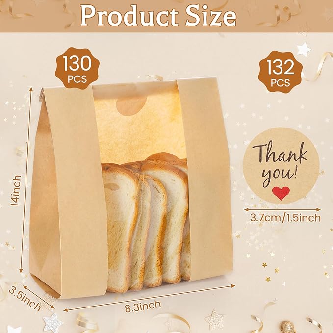 130 Pack Homemade Bread Sourdough Bags, 14" x 8.3" x 3.5" Large Paper Bread Bag with Tin Tie Tab Lock Clear Front Window Stickers for Bakery Storage Mothers Day Gifts