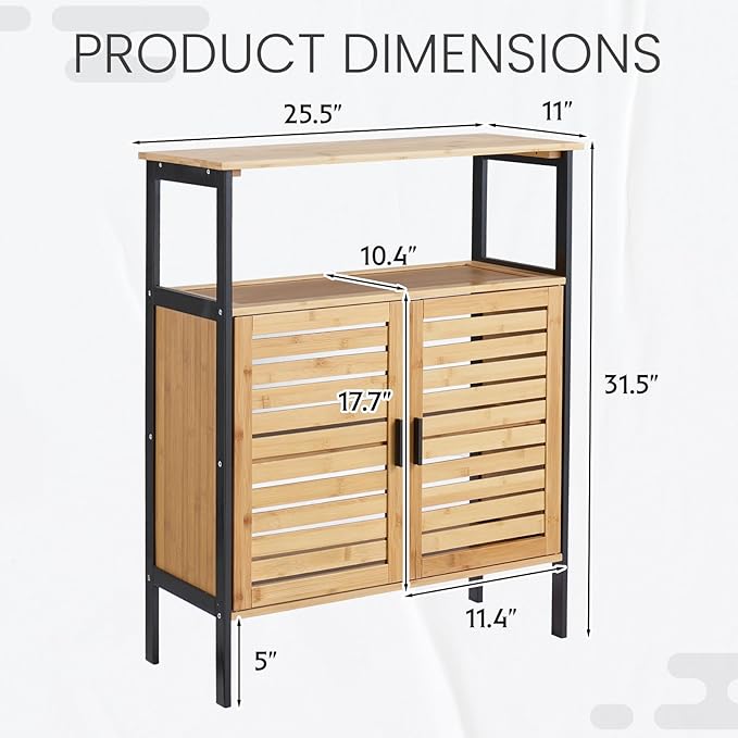 25" Bamboo Bathroom Storage Cabinet with Double Slatted Doors, Freestanding Floor Cabinet Organizer with Open Shelf, Modern Storage for Bathroom Kitchen Living Room