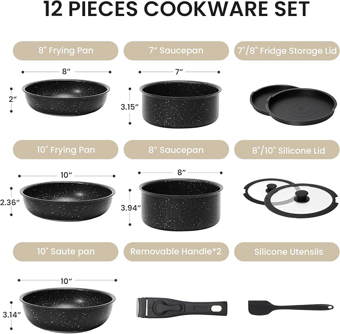 HealSmart 12 Pcs Cookware Set, Granite Non Stick Pots & Pans with Removable Handles, High Heat Resistant Oven Safe Cooking Kit, PFAS & PFOA Free Kitchen Cooking Ware, Black