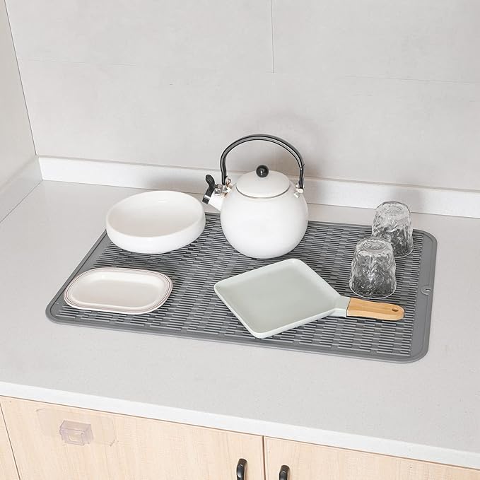 MicoYang Silicone Dish Drying Mat for Multiple Usage,Easy clean,Eco-friendly,Heat-resistant Silicone Mat for Kitchen Counter or Sink,Refrigerator or Drawer Liner Grey 3XL 28 inches x 18 inches
