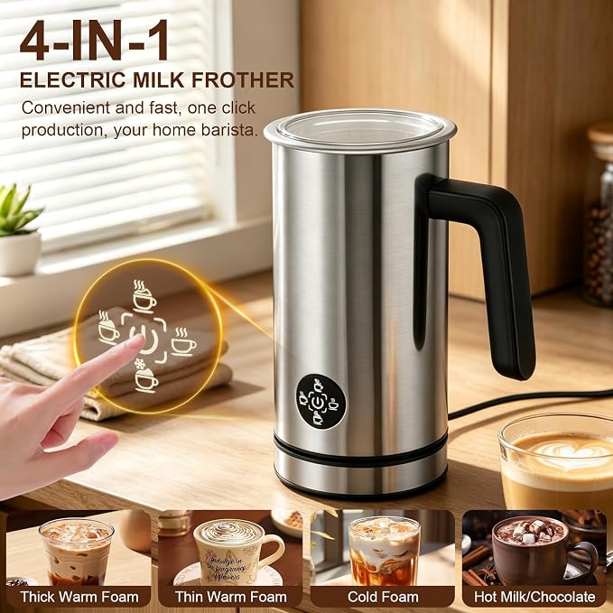 4-in-1 Electric Milk Frother, Stainless Steel Milk Steamer | 4 Modes: Firm, Creamy & Cold Froth, Hot Milk, Detachable Base, Quiet Motor, Swiss-Technology by ILAG