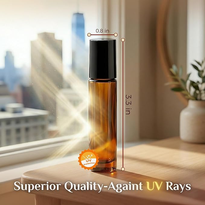 PrettyCare Set of 120, Bulk 10 ml Essential Oil Roller Bottles with Stainless Steel Roller Ball - Refillable Leak-proof Empty Thick Amber Glass Roll on Bottles with Black Caps for Travel, Perfume
