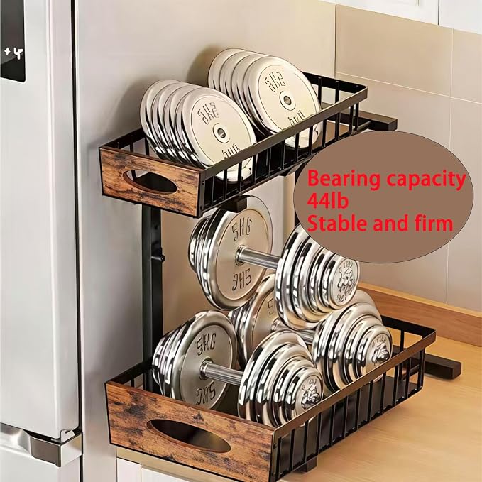 Under Sink Organizer 2 Pack, 2 Tier Pull Out Cabinet Storage Drawer with Wooden Handle, Height Adjustable Sliding Shelf with Suction Cups, Heavy Duty for Kitchen Bathroom Pantry Closet