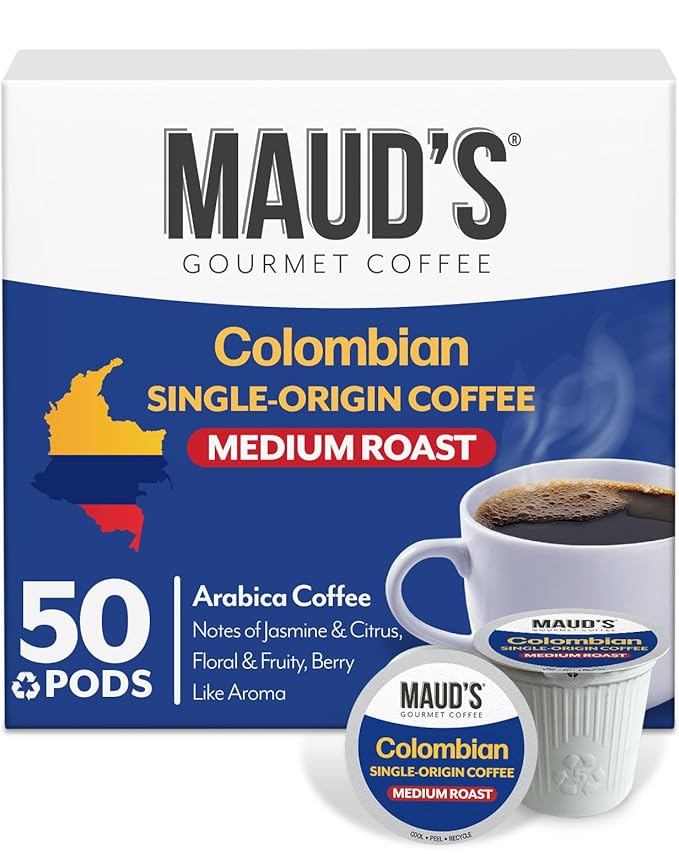 Maud's Colombian Coffee Pods, 50 ct, Single Origin, Medium Roast Coffee in Single Serve Pods – 100% Arabica Coffee, Compatible with Keurig K Cups Maker