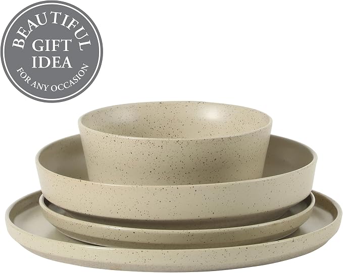 Gibson Elite Overbrook 16-Piece Pottery Clay Stoneware Dinnerware Set – White Reactive Glaze, Stackable Plates and Bowls w/Pasta Bowl, Service for 4 – Microwave & Dishwasher Safe