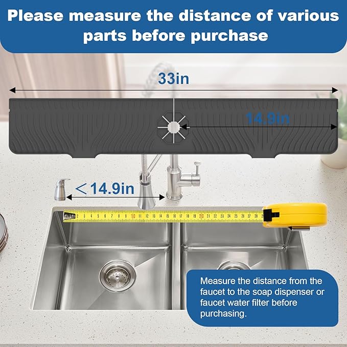 LVJING 33 inch Sink Splash Guard Mat, Sink Faucet Drying Mat, Silicone Faucet Handle Drip Catcher Tray, Longer Silicone Sink Mat for KitchenBathroom, Drip Protector Splash Countertop (Black)