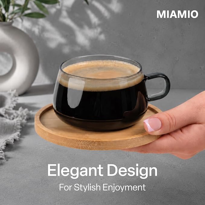 MIAMIO - 4x Glass Coffee/Tea Cups with Saucer (9.5 oz), Cappuccino Mugs/Tea Cup/Glass Mug for Coffee, Tea, Matcha, Latte, Coffee Cup with Saucer in a Set of 4 - Olea (Grey)