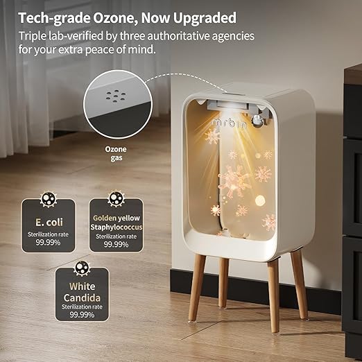 MRBIN Motion Sensor Bathroom Trash Can with Leg, Odor Control 5.5 Gal Tall Automatic Waste Basket for Bedroom, Ozone Purification Neutralizing, Touchless Butterfly Lid, Cream White