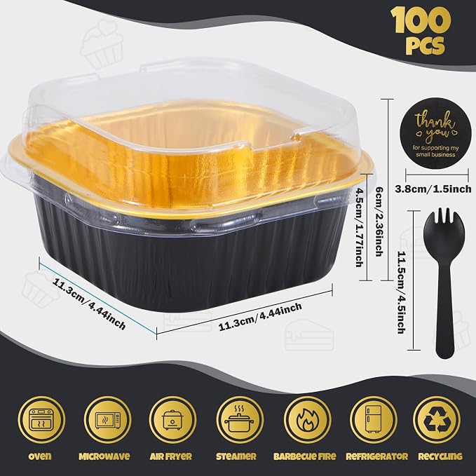 100 Pack 10oz Mini Cake Pans With Lids, Aluminum Foil Square Brownie Baking Cups,Disposable 4”x4” Large Cupcake Pan,Jumbo Muffin Tin Ramekins Holders-Black in Gold