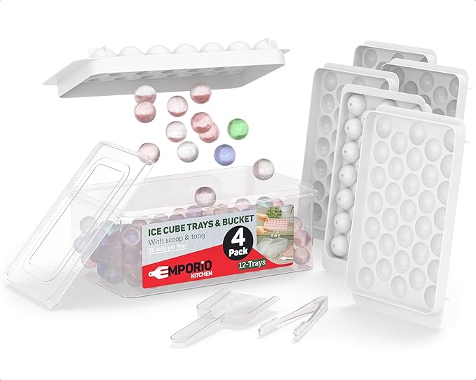 Emporio Kitchen Round Ice Cube Tray Set Pack of 4, BPA-Free Stackable Trays with Lid & Tongs, 33 Ice Balls Per Tray for Whiskey, Drinks, and Cocktails, Quick Release Round Ice Cube Mold, White