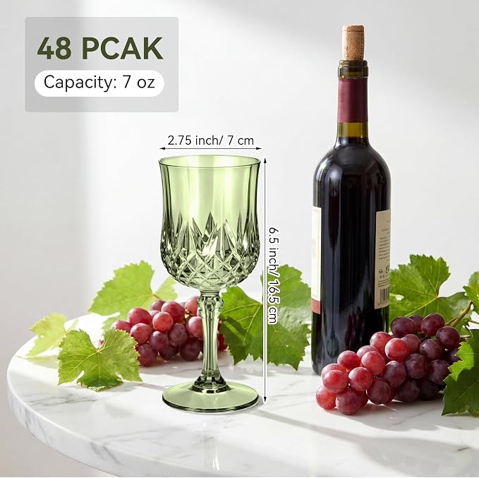 Sliner 60 Pcs 7oz Plastic Vintage Wine Glasses Drinking Goblets Unbreakable Crystal Water Glassware Reusable Diamond Champagne Flutes Cups for Wedding Banquet Birthday Party Supplies (Green)