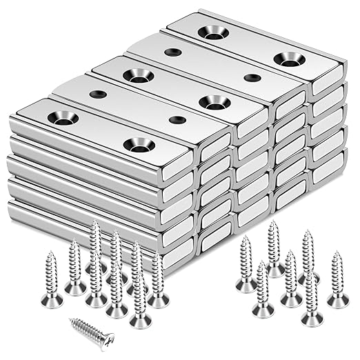 TRYMAG Neodymium Magnets 45Lbs, 40 x 13.5 x 5mm Strong Bar Magnets with Countersunk Hole and Steel Capsule, Heavy Duty Industrial Rare Earth Magnets with Screw for Wall Mounting, Pack of 25