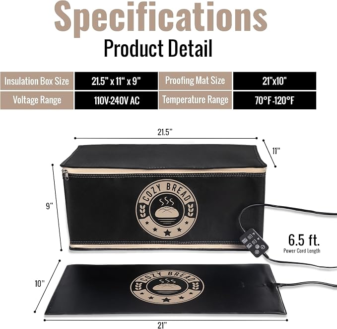 Cozy Bread® Proofing Mat & Insulation Box | Thermostat Controlled Sourdough Bread Proofer Kit | Dough Fermentation Bundle, 10" x 21" | USA Brand