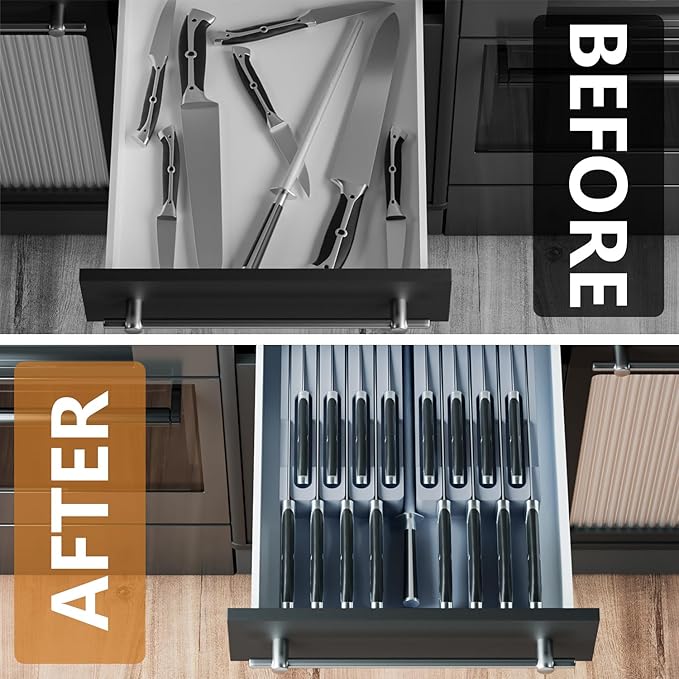 Domax Bamboo In-drawer Knife Block - Kitchen Knife Drawer Organizer Insert, Knife Holder without Knives Large, Drawer Knife Organizer Fits for 16 knives and 1 Sharpening Steel (Not Included), Gray