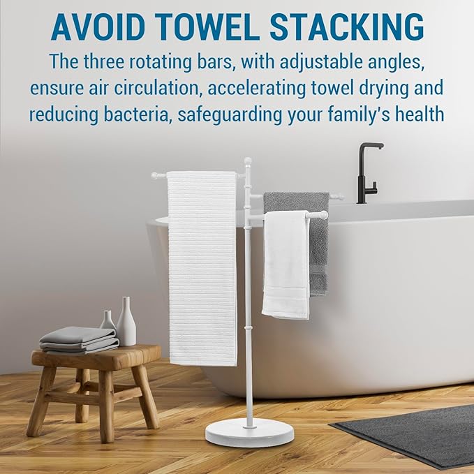 MyGift 40 Inch Bathroom Towel Rack Holder, Free Standing Bath Towel Rack with 3 Swivel Bars, Spa Pool Hot Tub Valet Accessories Stand for Drying Towels, Matte White Metal