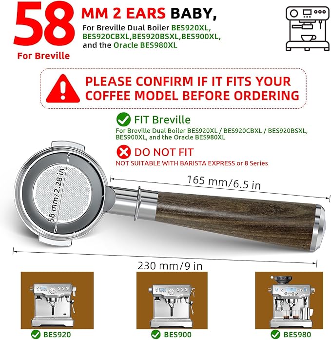 58mm Bottomless Portafilter for Bre ville Oracle & Dual Boiler | Fits BES920XL BES980XL BES990BSS | Nak ed Portafilter wi th Black Rosewood Handle & 58mm Filter Basket - Not for 54mm Series
