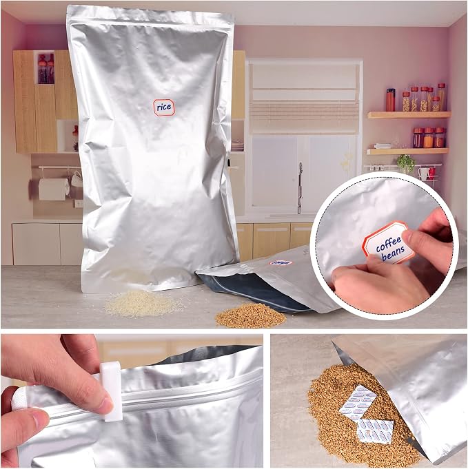 15 Pcs 5 Gallon Mylar Bags for Food Storage, 10.5 Mil Mylar Bags with Oxygen Absorbers 2000cc (15 Single Sealed), Stand-Up Zipper Resealable Bags & Heat Sealable Food Storage Bags + Labels