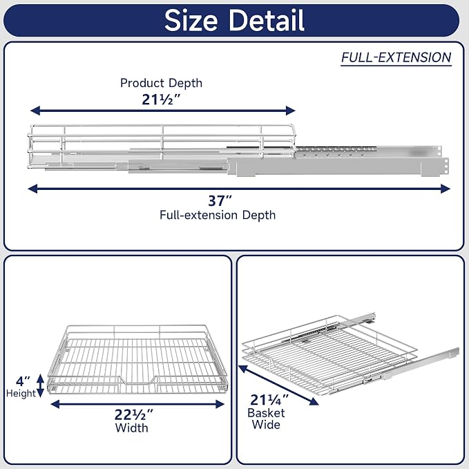 Pull Out Cabinet Organizer, 22.5" W x 21.5" D, Heavy Duty Chrome Slide Out Shelf for Wide Base Cabinets, Sliding Wire Basket Drawer for Pots, Pans, Appliances & Pantry Storage