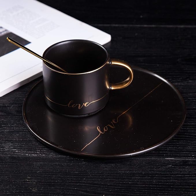 TJ Gobal Porcelain Coffee Mug, Tea Cup with Saucer and Golden Spoon with Gold Scripted Love and Trim for coffee, Hot Chocolate, Cappuccino, and Latte, 8 Oz. (Black)