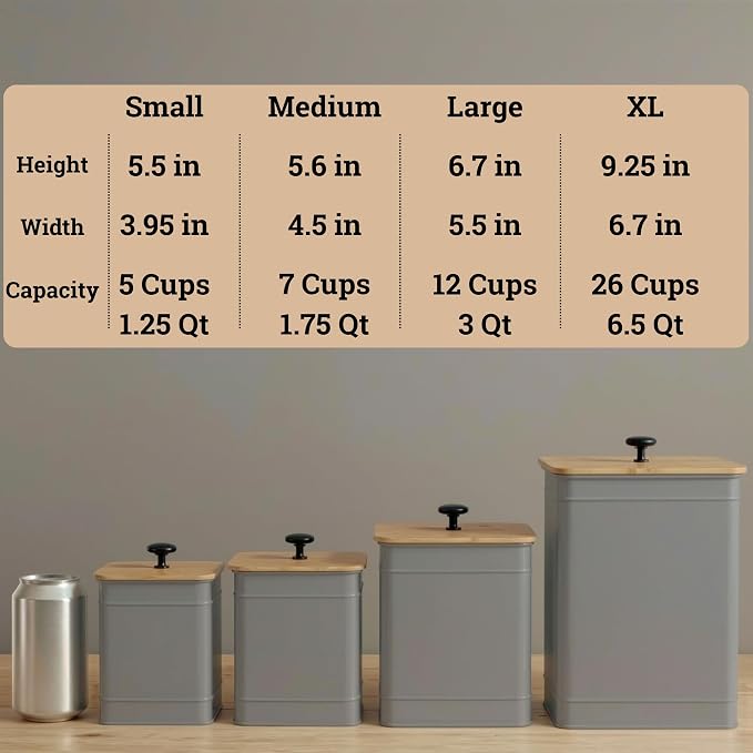 Kitchen Canisters for Countertop Set of 4 w/ Chalkboard Labels & Marker Pen | Airtight Easy Open Bamboo Lids, Dent-Resistant Thick Metal, Customizable Chalkboard Labels, Marker Pen Included, Set of 4