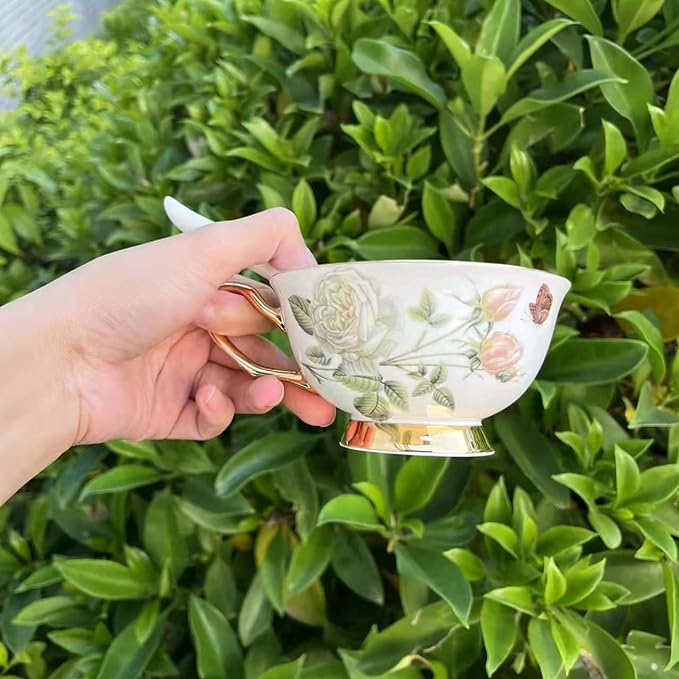 Honorable Coffee Cup Mug, Cappuccino, Tea Cup, with Saucer for Latte, Fine Bone Porcelain, Reactive Glaze, 6.8 Oz-1pcs (Elegant White Roses)
