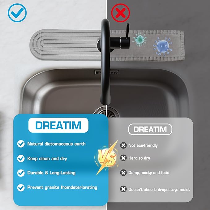 Diatomite Stone Faucet Mat For Kitchen Sink-Absorbent Fast Drying Stone Sink Tray,Faucet Splash Guard Counter,Quick Dry Sink Mat Around Faucet For Kitchen & Bathroom (Light Gray-Oval,15.7" x 4")