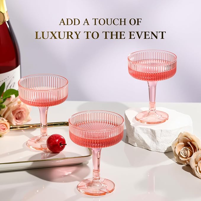 Goodluck 4-Tier Champagne Glasses - 20 PCS 7oz Pink Plastic Champagne Flutes, Plastic Coupe Glasses with Vertical Stripes for Weddings, Celebrations, Parties & Birthdays