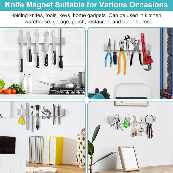 Magnetic Knife Holder for Wall 16 Inch Knife Magnetic Strip Refrigerator, 17 Inch Magnetic Knife Holder with 4 Hooks, Dual Rod Strong Magnet Knife Bar for Partry Garage Tool Rack