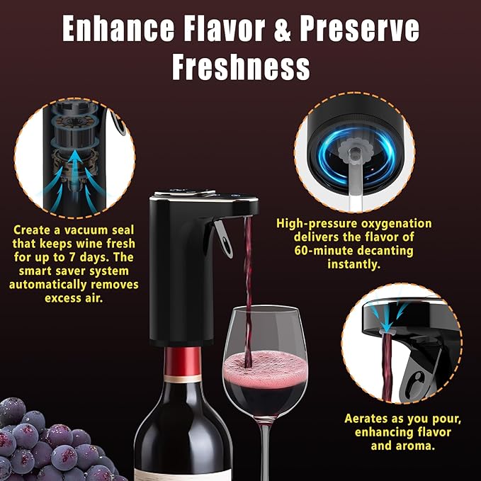 Electric Wine Aerator, Rechargeable Wine Dispenser & Decanter, 1-999ML Quantitative Pour, Self-Clean & LED Touch Screen, Automatic Wine Pourer Ideal Gift for Wine Lovers Women and Men