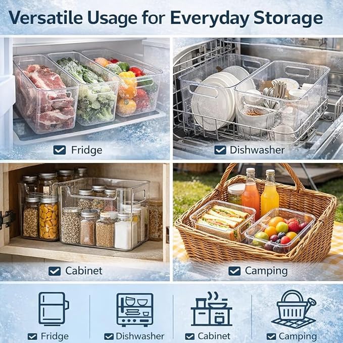 Crystal Clear Freezer Storage Bins, 4 Pack Clear Plastic Bins for Refrigerator and Pantry, Stackable Kitchen Cabinet Organizer with Handles for Frozen Food, Meat & Veggies (8PCS L)