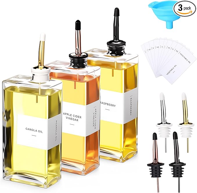 Reallnaive 3 Sets Olive Oil Dispenser Bottles for Kitchen with Nozzles Funnel Labels Cooking Oil Dispenser 500ml Set for Kitchen Vinegar Coffee Syrup (Colorful)