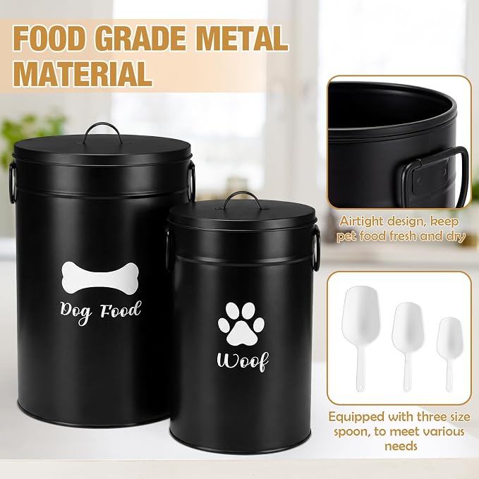DoubleFill Extra Large 30+14 lb Metal Dog Food Storage Containers Set of 2 Black Airtight Dog Treat Snack Jars with Lids and Spoon Farm House Style Big Pet Cookie Storage Bin for Kitchen Counter Gift
