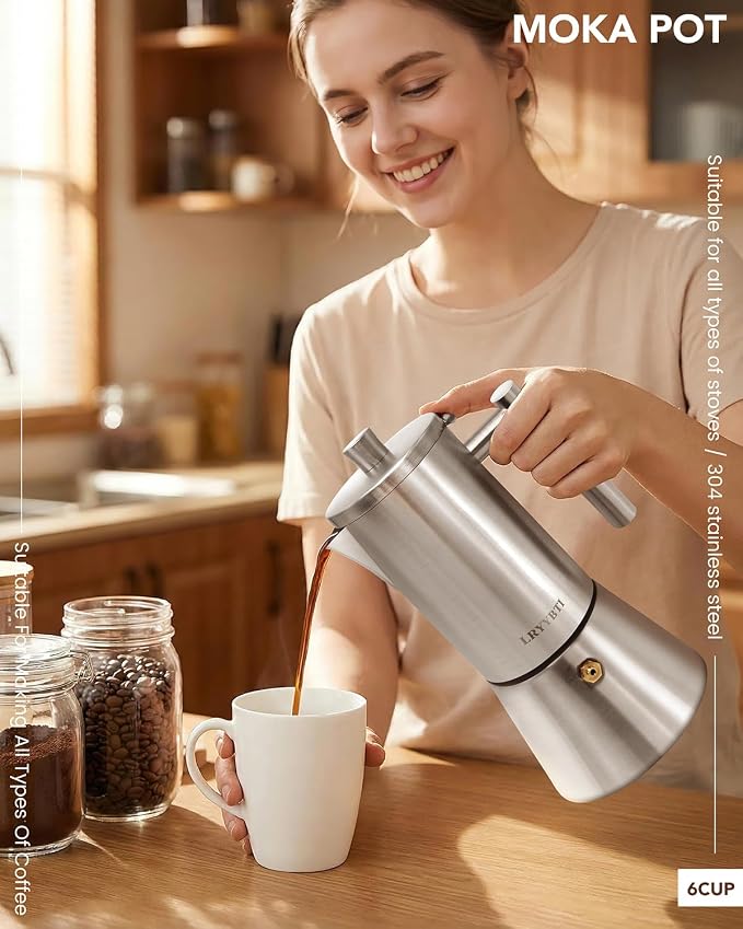 Moka Pot Stainless Steel 6Cup/10oz Stovetop Espresso Maker | Brushed，Cuban and Italian Coffee Maker, Cafetera Cubana, Greca De Cafe, Induction Stovetop Compatible