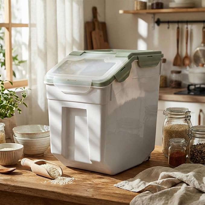Sunnyray Flour Storage Container Bin,Rice Storage Containers with Wheels Seal Locking Lid, BPA Free with Measuring Cup Scoop for Rice Grain Pet Food Flour(55 Lbs,Green,6 Pcs)
