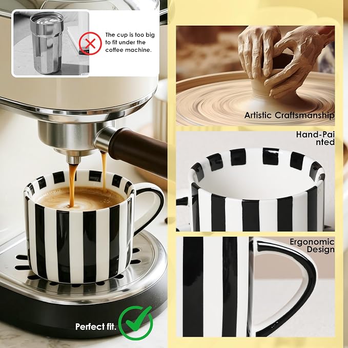 Ceramic Coffee Mug Set with Plates, 3-Piece Black Striped Mug Coffee Mug Ceramic Tea Cups and Saucers & Dessert Plate, Unique Coffee Mugs, M/W, D/W & Fridge Safe, Gift for Women, Coffee Lover Gifts