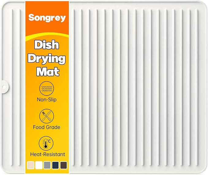 Songrey 18" x 16" Silicone Dish Drying Mat, Kitchen Counter Drying Pad for Sink Dishes or Under Rack, Multi-Use as Heat Resistant Trivet, Coffee Bar Mat