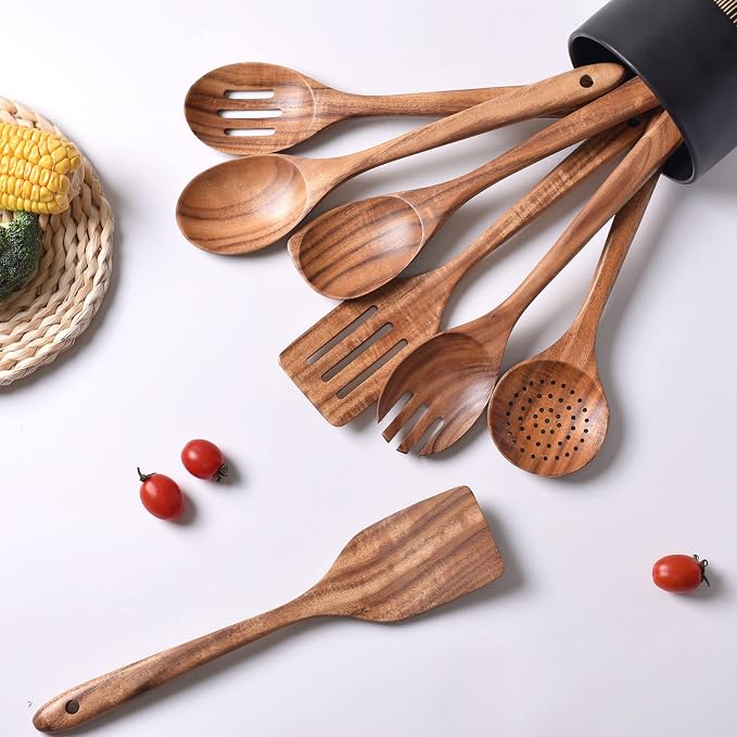 Gudamaye 13 inch Long Wooden Utensils for Cooking, Long Handle Wooden Spoons for Cooking, 7 PCES Crafting Wooden Spoon Set, Wooden Kitchen Utensil set, Natural Teak Wooden utensil Set