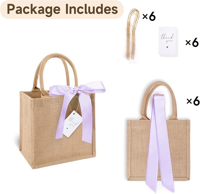 6 Pack Burlap Tote Bags with Handles Reusable Mini Jute Gift Bags with Purple Silk Ribbons Waterproof Lining for Wedding Bridesmaid Mother's Day Bachelorette Beach Party