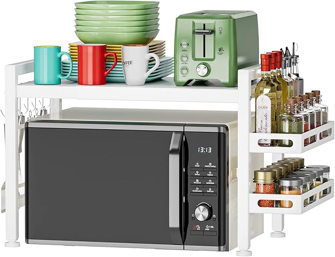 YIUKEA Over the Microwave Shelf - Adjustable Countertop Stand 2 Tier Rack (L15.723.6" xW12.8 xH17.7) with Spice Organizer and 6 Hooks for Kitchen White