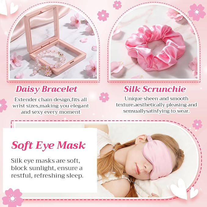 Vesici 73 Pcs Spa Sleepover Party Supplies Bulk Women 8 Sets Slumber Birthday Bridesmaid Gift Crochet Flower Glass Cup Eye Mask Hair Ties Gift Bag Bracelets Scrunchies Headband(Cherry Blossoms,Pink)